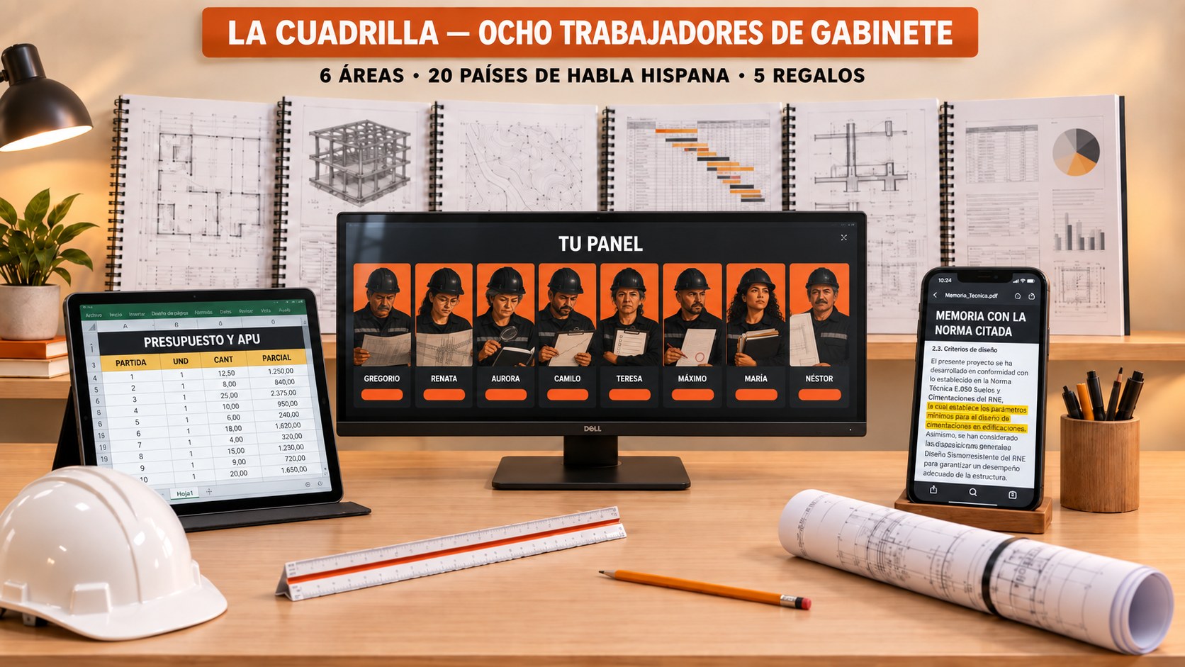 La Cuadrilla: el panel con los ocho trabajadores, el presupuesto con APU y la memoria con la norma citada