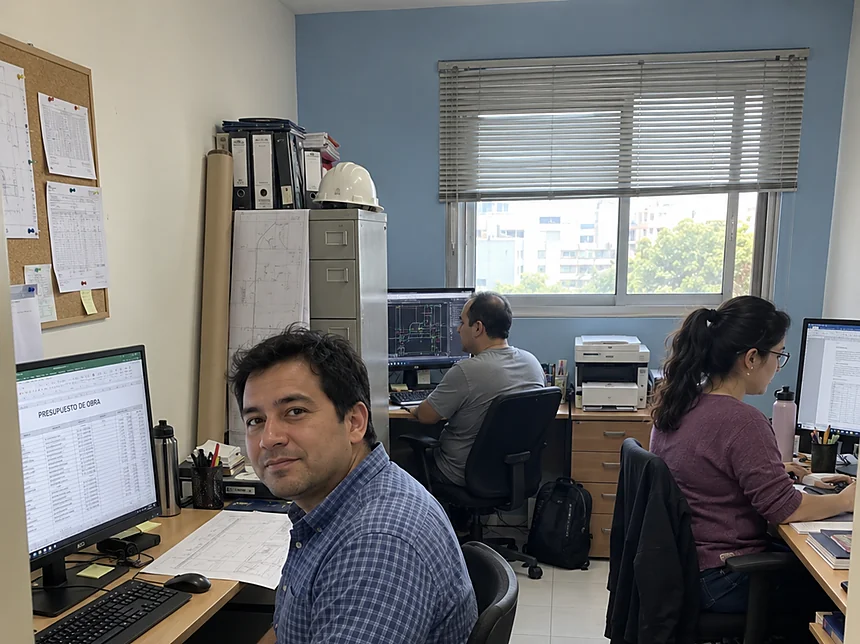 Estudio de ingeniería con tres personas: el presupuesto de obra en pantalla y el análisis de precios unitarios impreso
