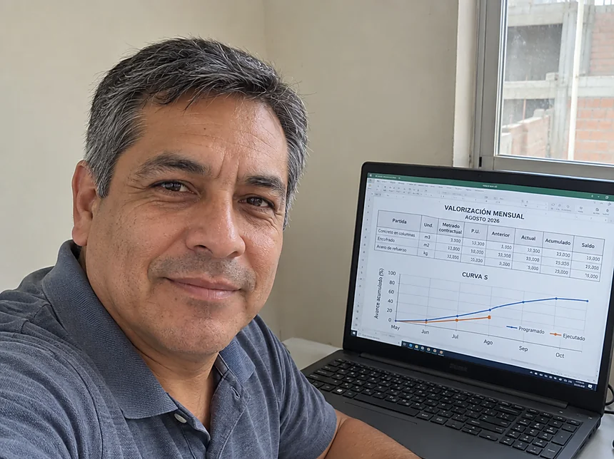 Javier R., ingeniero civil en Perú, con la valorización mensual y la curva S impresas